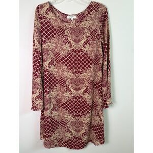 Umgee Womens Burgundy Baroque Damask Bell Sleeve Shift Dress Large Round Neck